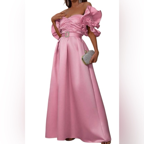 Authentic Digs Boutique Dresses & Skirts - Elegant Pink Off-Shoulder Prom Gown with Ruffled Sleeves